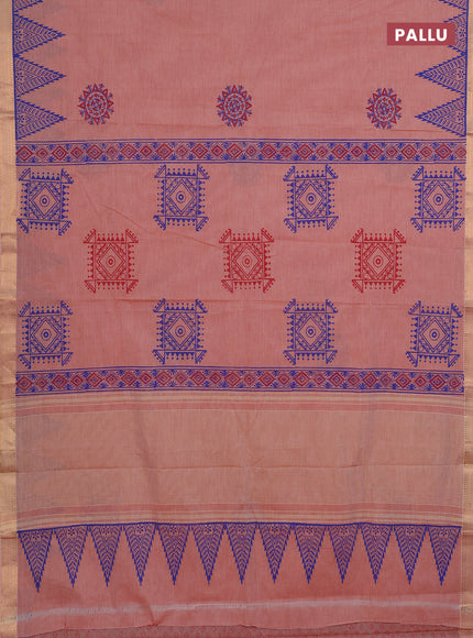 Mangalagiri cotton block printed saree pale orange with allover butta prints and mangalgiri border