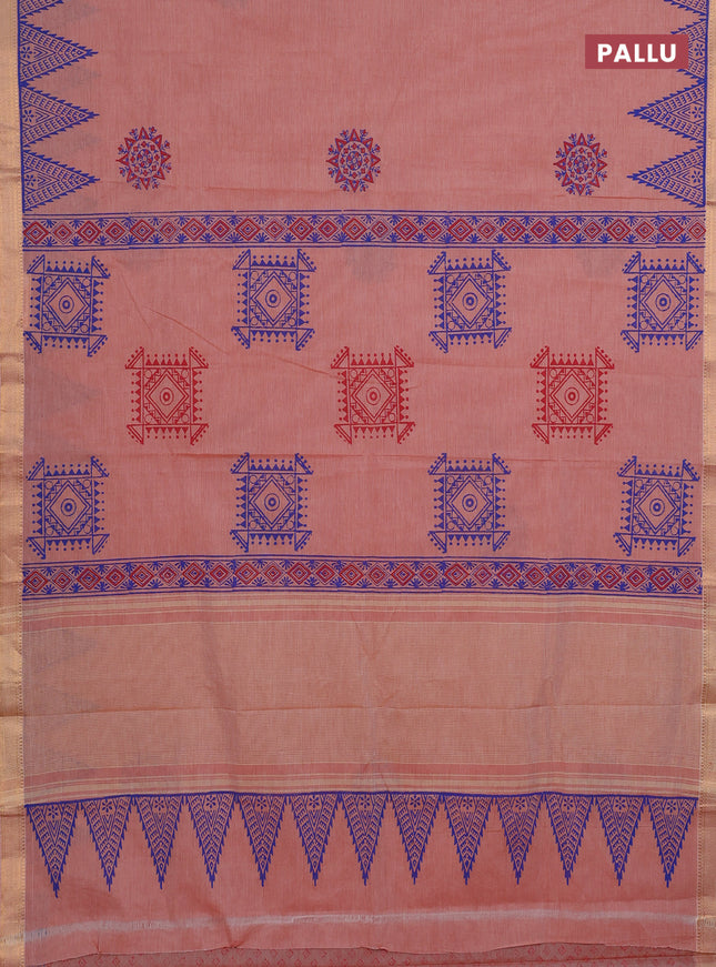 Mangalagiri cotton block printed saree pale orange with allover butta prints and mangalgiri border