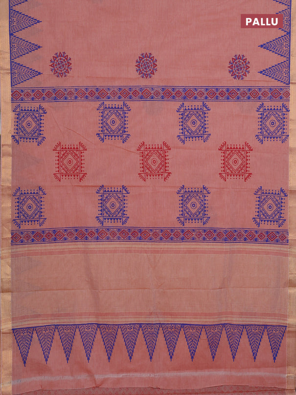 Mangalagiri cotton block printed saree pale orange with allover butta prints and mangalgiri border
