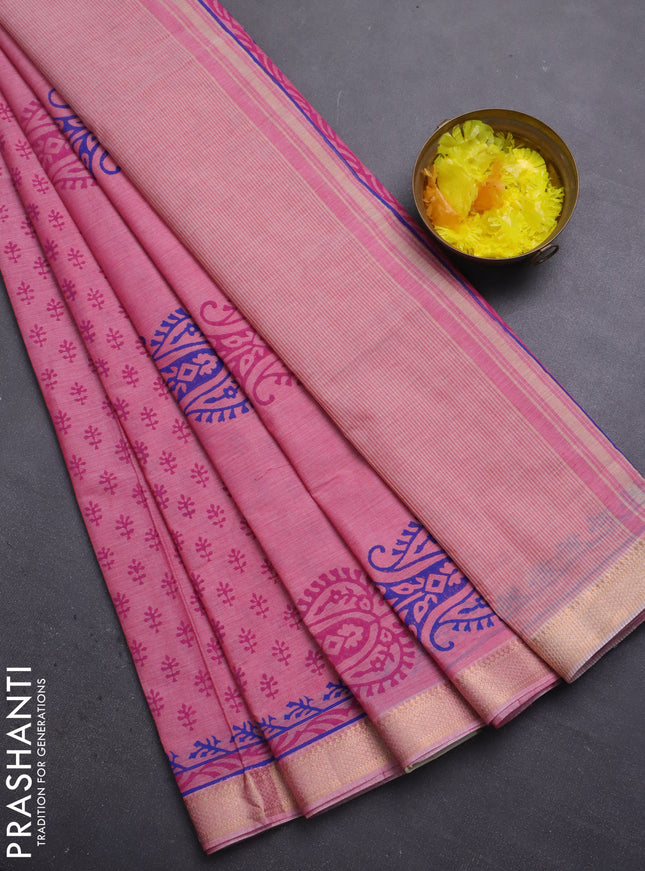 Mangalagiri cotton block printed saree light pink with allover butta prints and mangalgiri border