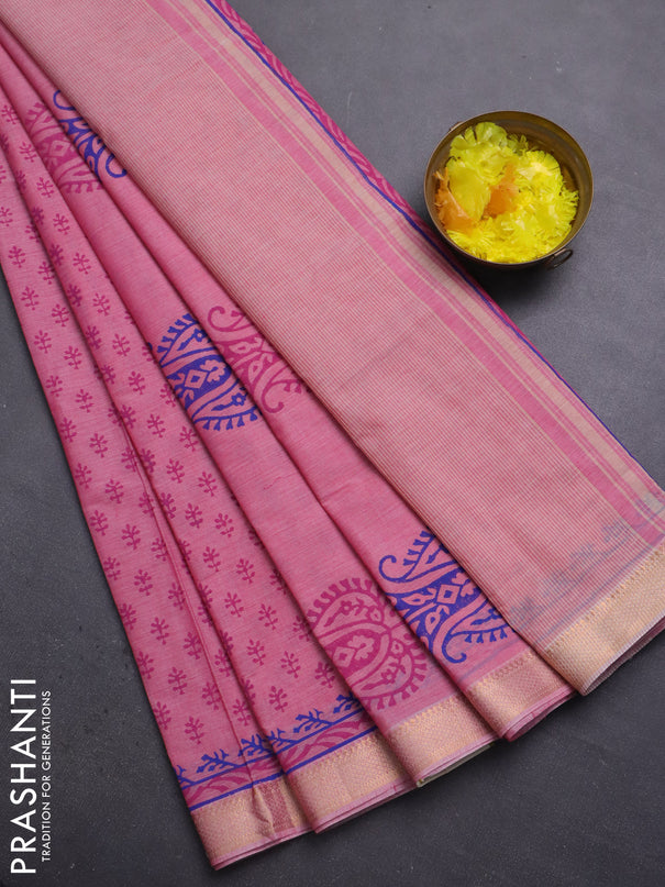 Mangalagiri cotton block printed saree light pink with allover butta prints and mangalgiri border