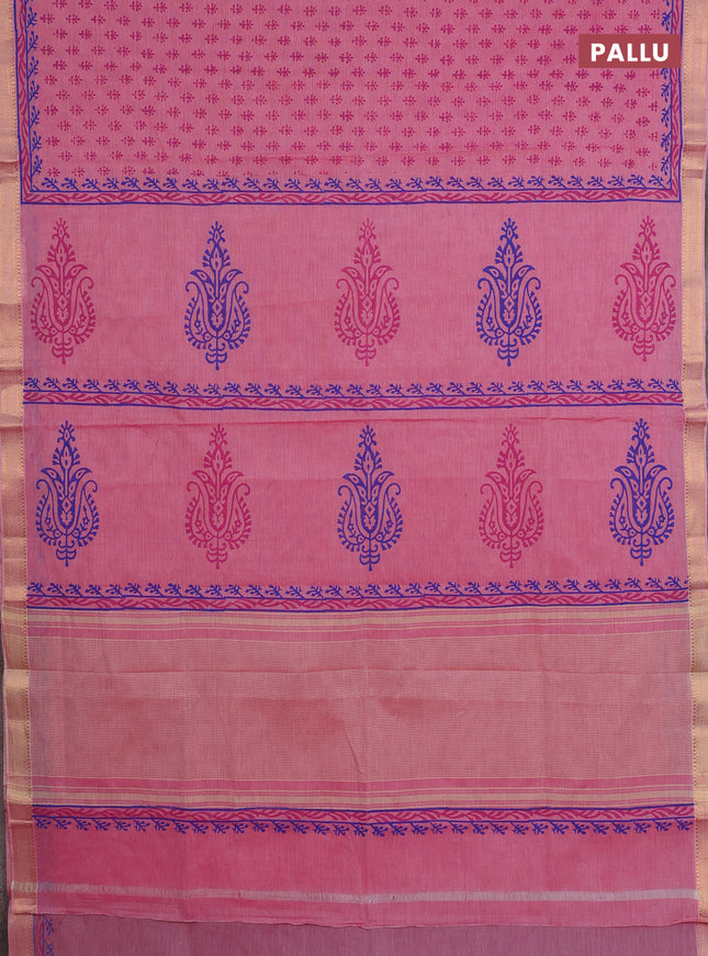 Mangalagiri cotton block printed saree light pink with allover butta prints and mangalgiri border