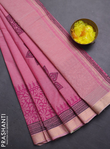 Mangalagiri cotton block printed saree light pink with butta prints and mangalgiri border