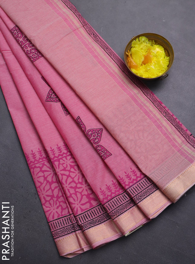 Mangalagiri cotton block printed saree light pink with butta prints and mangalgiri border