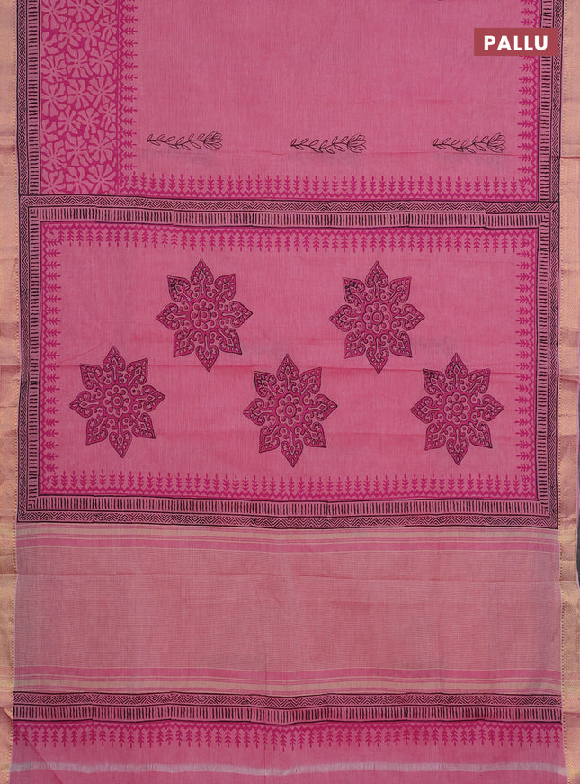 Mangalagiri cotton block printed saree light pink with butta prints and mangalgiri border