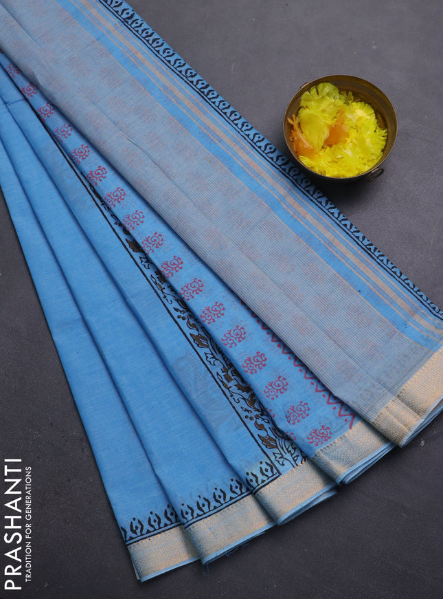 Mangalagiri cotton block printed saree light blue with annam butta prints and mangalgiri border