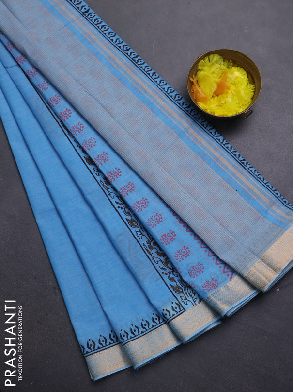 Mangalagiri cotton block printed saree light blue with annam butta prints and mangalgiri border