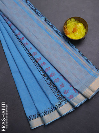 Mangalagiri cotton block printed saree light blue with annam butta prints and mangalgiri border