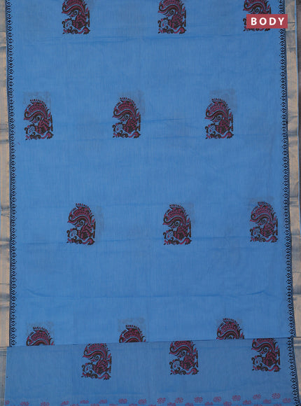 Mangalagiri cotton block printed saree light blue with annam butta prints and mangalgiri border