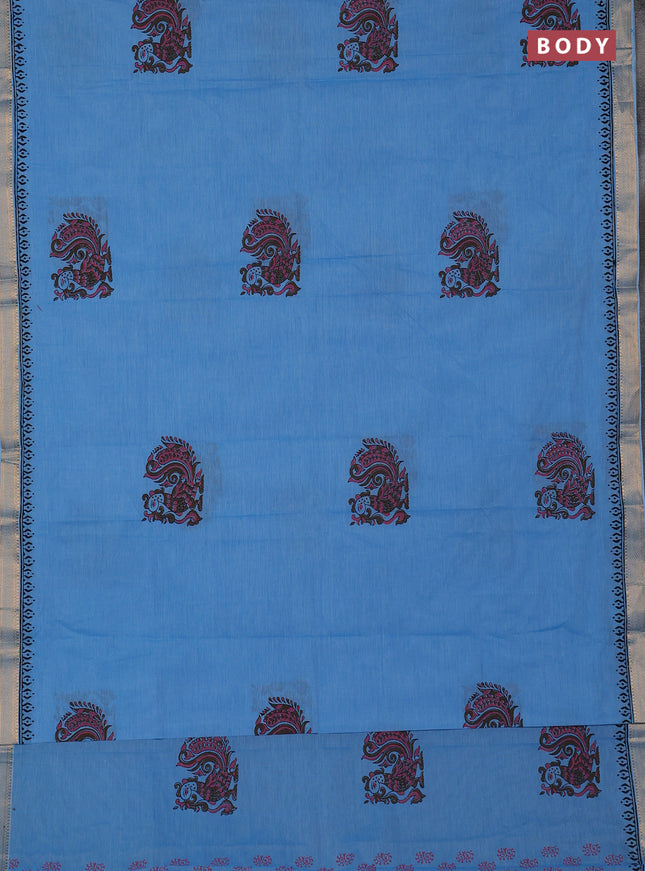 Mangalagiri cotton block printed saree light blue with annam butta prints and mangalgiri border