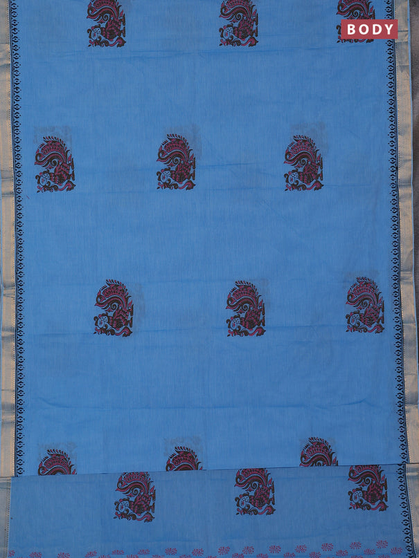 Mangalagiri cotton block printed saree light blue with annam butta prints and mangalgiri border