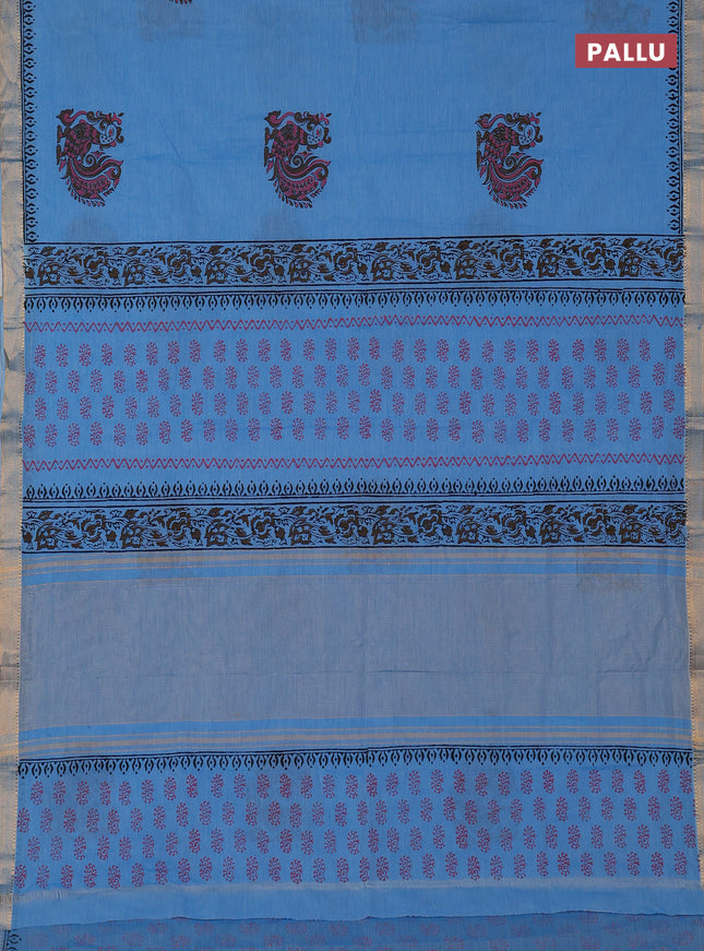 Mangalagiri cotton block printed saree light blue with annam butta prints and mangalgiri border