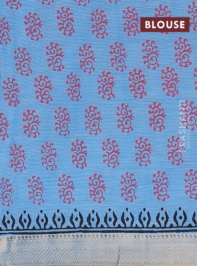 Mangalagiri cotton block printed saree light blue with annam butta prints and mangalgiri border