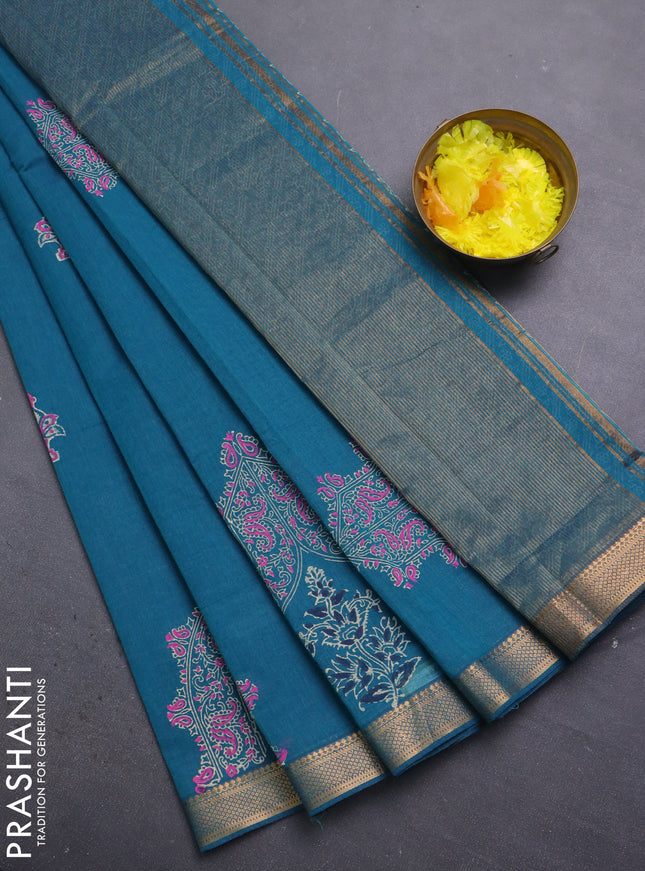 Mangalagiri cotton block printed saree peacock blue with butta prints and mangalgiri border