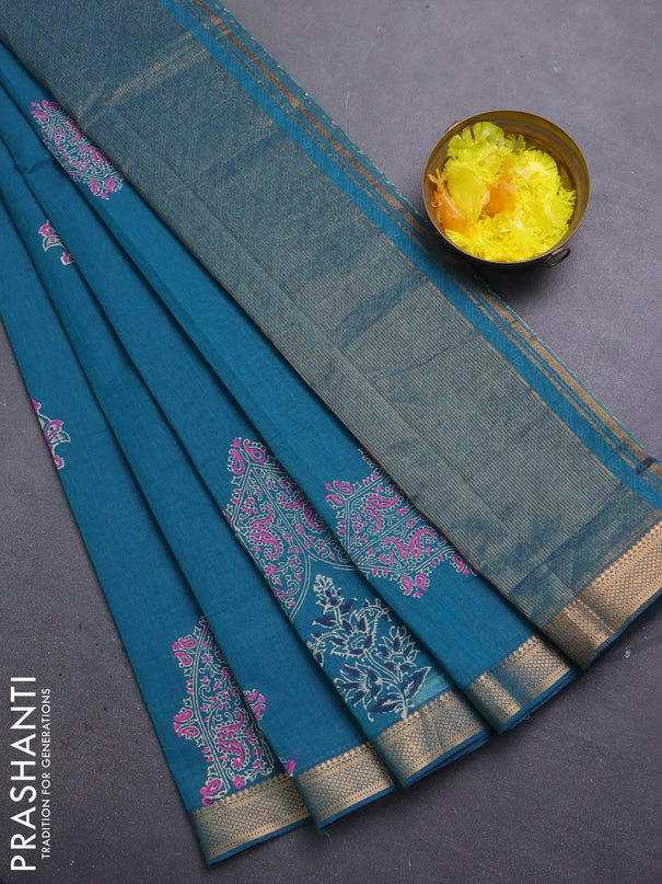Mangalagiri cotton block printed saree peacock blue with butta prints and mangalgiri border