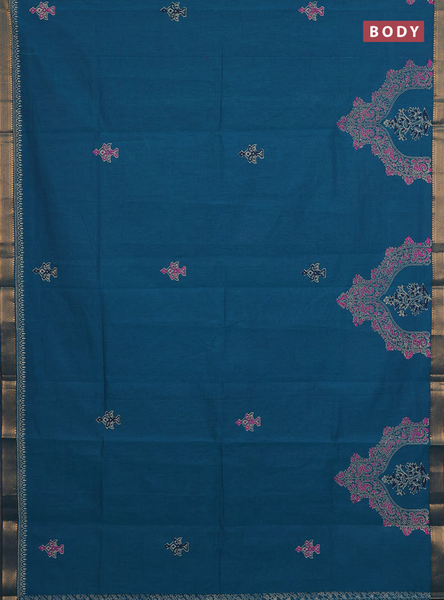 Mangalagiri cotton block printed saree peacock blue with butta prints and mangalgiri border