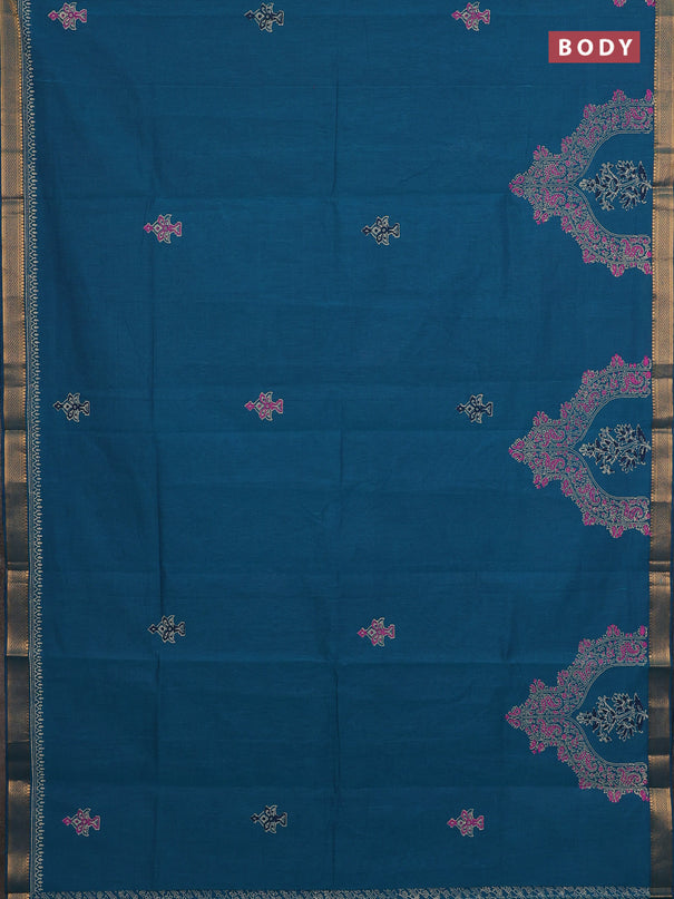 Mangalagiri cotton block printed saree peacock blue with butta prints and mangalgiri border
