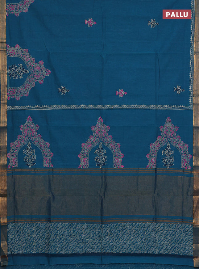 Mangalagiri cotton block printed saree peacock blue with butta prints and mangalgiri border