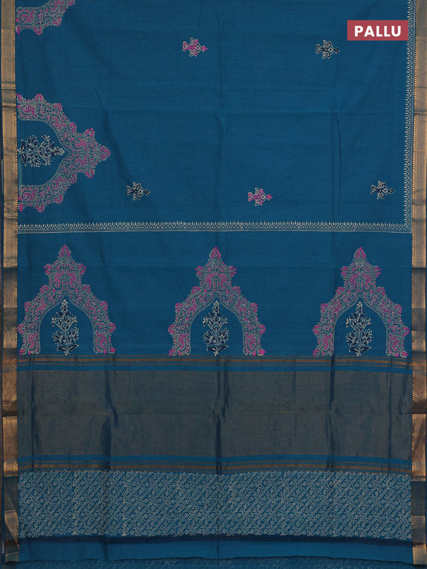 Mangalagiri cotton block printed saree peacock blue with butta prints and mangalgiri border