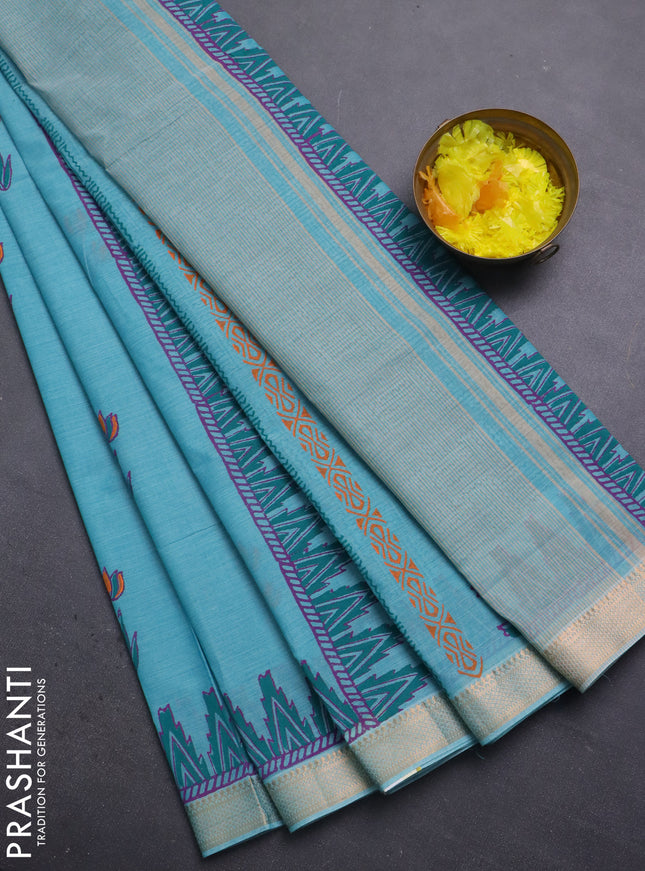 Mangalagiri cotton block printed saree teal blue with floral butta prints and mangalgiri border