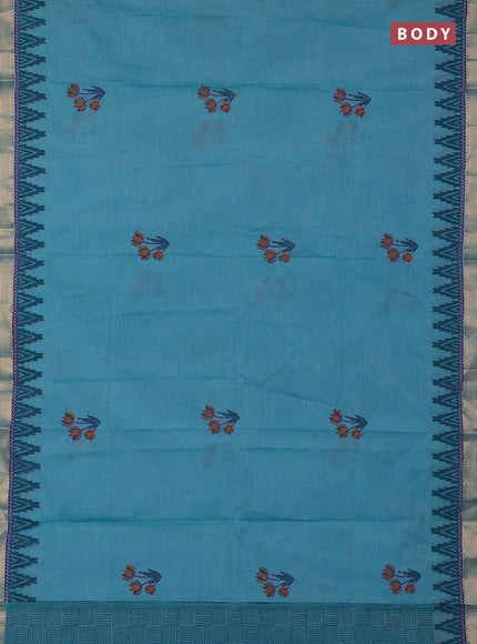 Mangalagiri cotton block printed saree teal blue with floral butta prints and mangalgiri border