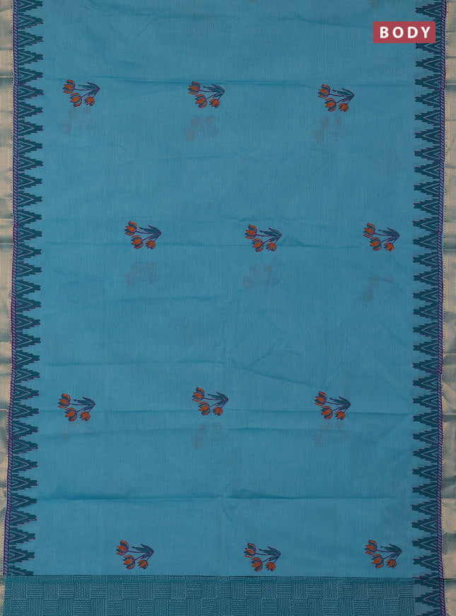 Mangalagiri cotton block printed saree teal blue with floral butta prints and mangalgiri border