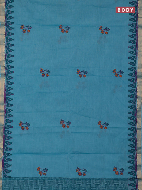Mangalagiri cotton block printed saree teal blue with floral butta prints and mangalgiri border