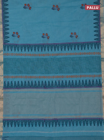 Mangalagiri cotton block printed saree teal blue with floral butta prints and mangalgiri border