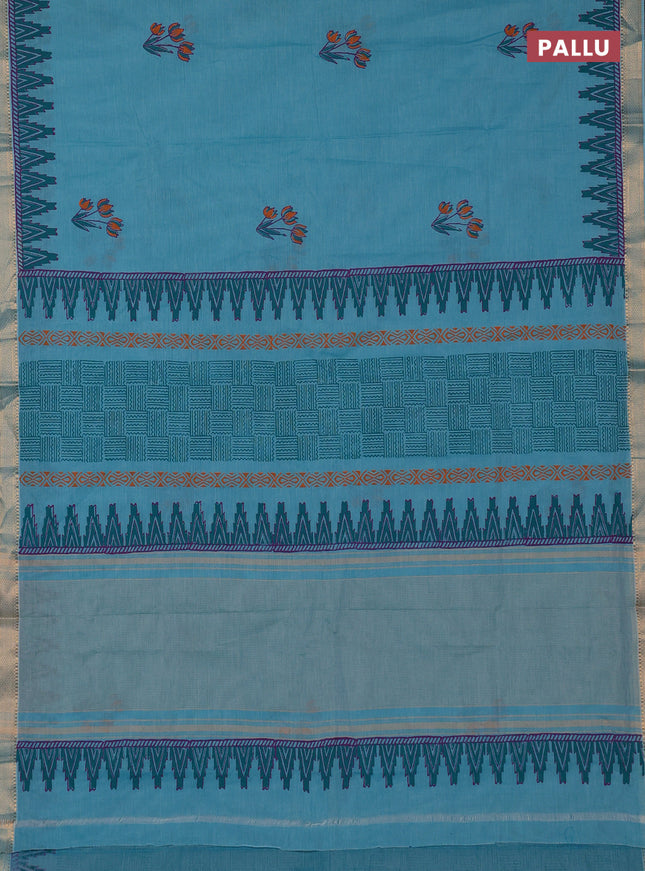 Mangalagiri cotton block printed saree teal blue with floral butta prints and mangalgiri border