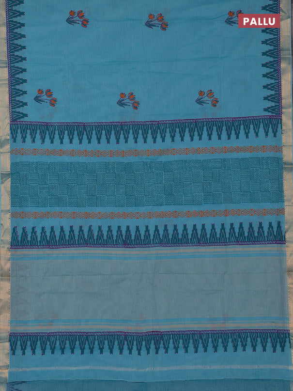 Mangalagiri cotton block printed saree teal blue with floral butta prints and mangalgiri border