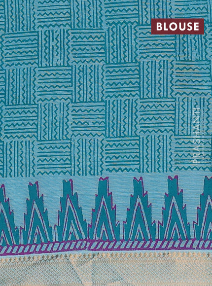 Mangalagiri cotton block printed saree teal blue with floral butta prints and mangalgiri border
