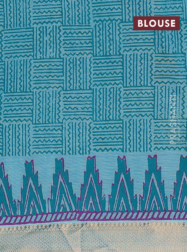 Mangalagiri cotton block printed saree teal blue with floral butta prints and mangalgiri border