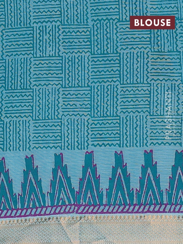 Mangalagiri cotton block printed saree teal blue with floral butta prints and mangalgiri border