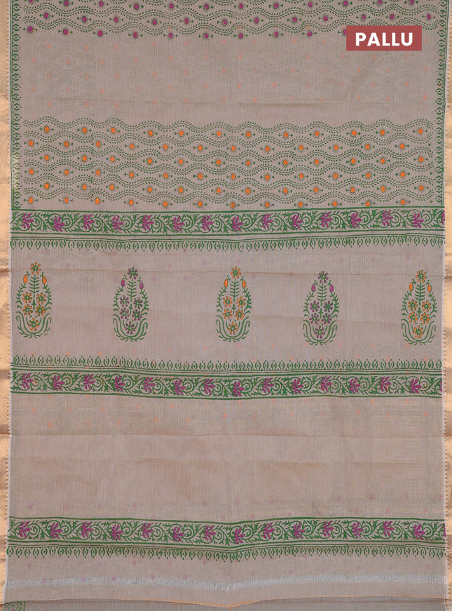 Mangalagiri cotton block printed saree beige with prints and mangalgiri border