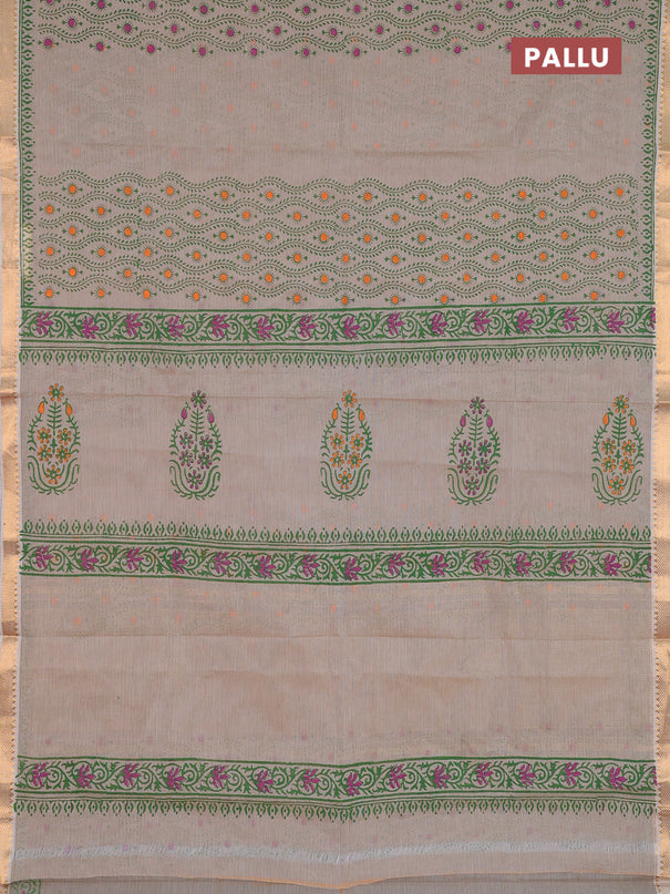 Mangalagiri cotton block printed saree beige with prints and mangalgiri border