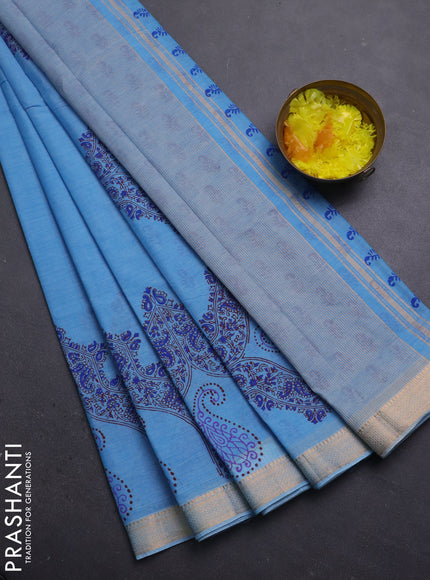 Mangalagiri cotton block printed saree light blue with butta prints and mangalgiri border