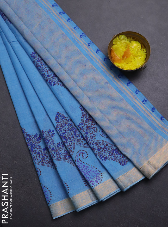 Mangalagiri cotton block printed saree light blue with butta prints and mangalgiri border