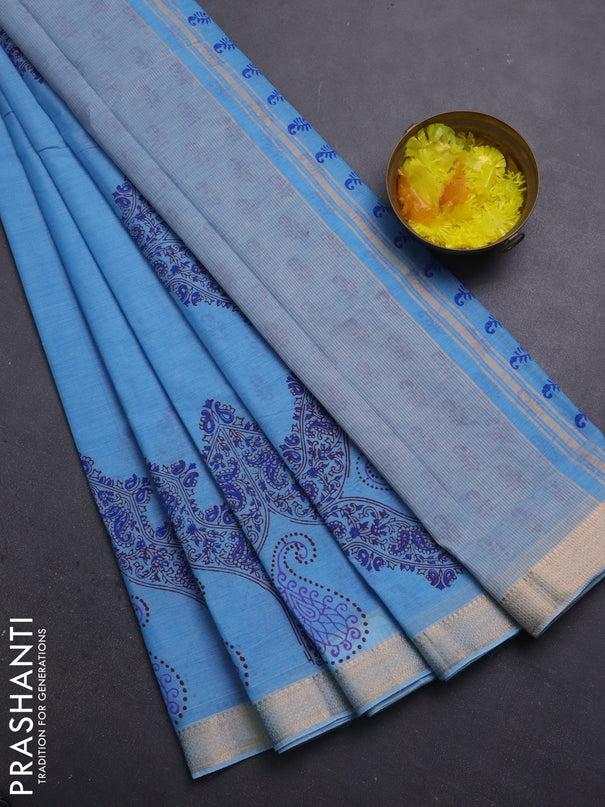 Mangalagiri cotton block printed saree light blue with butta prints and mangalgiri border