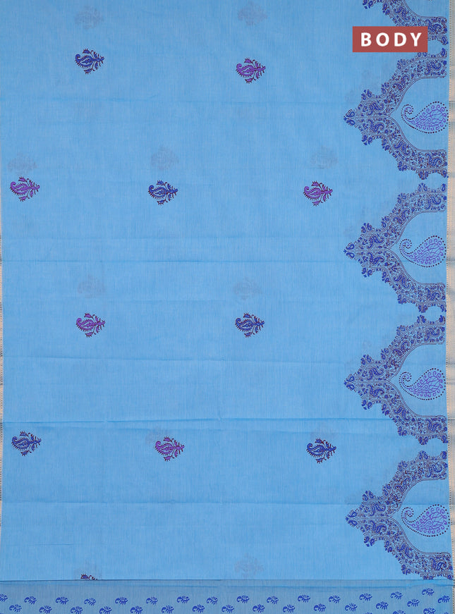 Mangalagiri cotton block printed saree light blue with butta prints and mangalgiri border