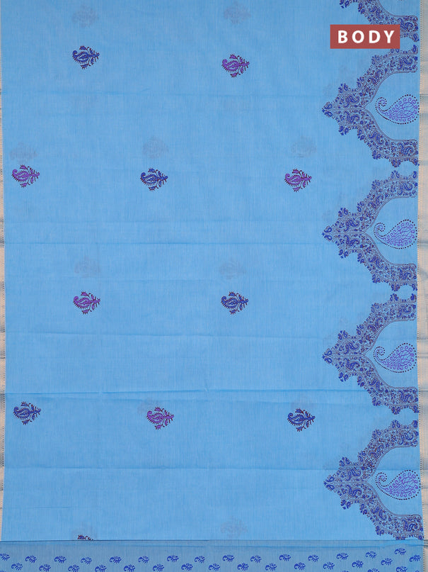 Mangalagiri cotton block printed saree light blue with butta prints and mangalgiri border