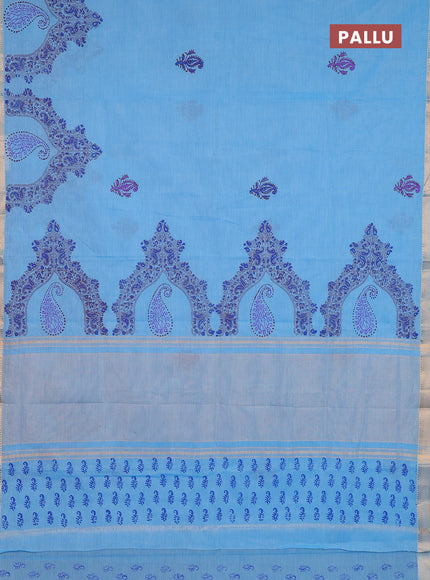 Mangalagiri cotton block printed saree light blue with butta prints and mangalgiri border