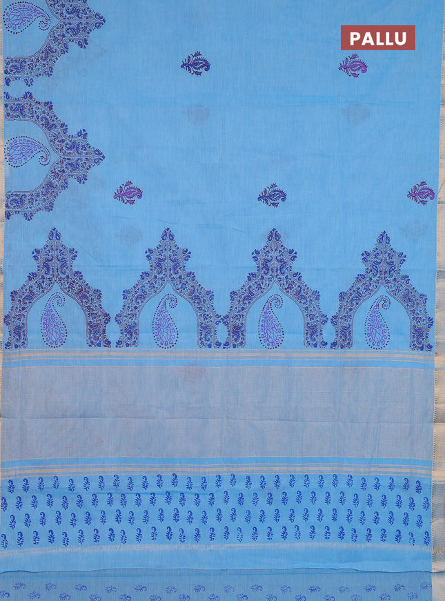 Mangalagiri cotton block printed saree light blue with butta prints and mangalgiri border