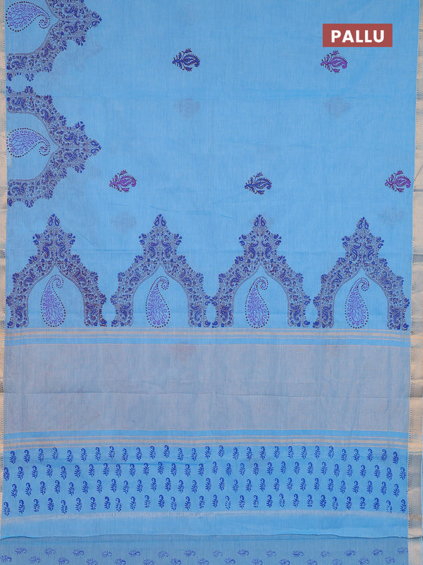 Mangalagiri cotton block printed saree light blue with butta prints and mangalgiri border