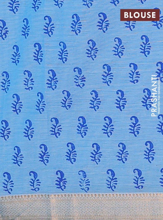 Mangalagiri cotton block printed saree light blue with butta prints and mangalgiri border