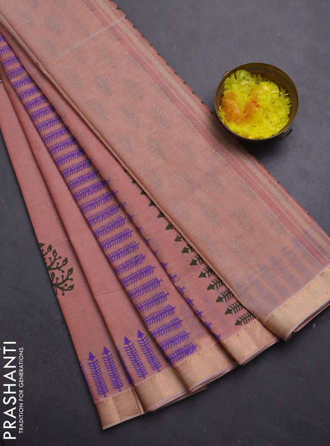 Mangalagiri cotton block printed saree rust shade with tree butta prints and mangalgiri border