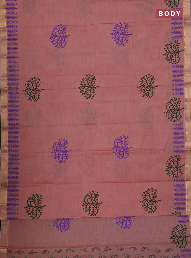 Mangalagiri cotton block printed saree rust shade with tree butta prints and mangalgiri border