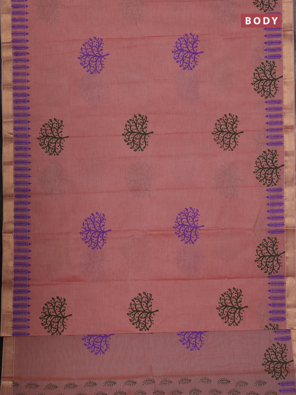 Mangalagiri cotton block printed saree rust shade with tree butta prints and mangalgiri border