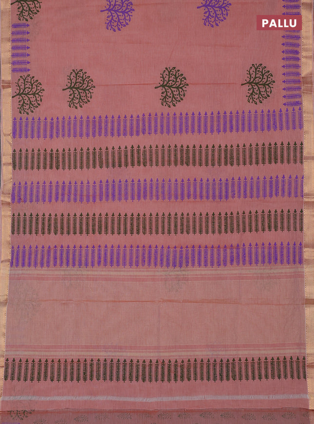 Mangalagiri cotton block printed saree rust shade with tree butta prints and mangalgiri border