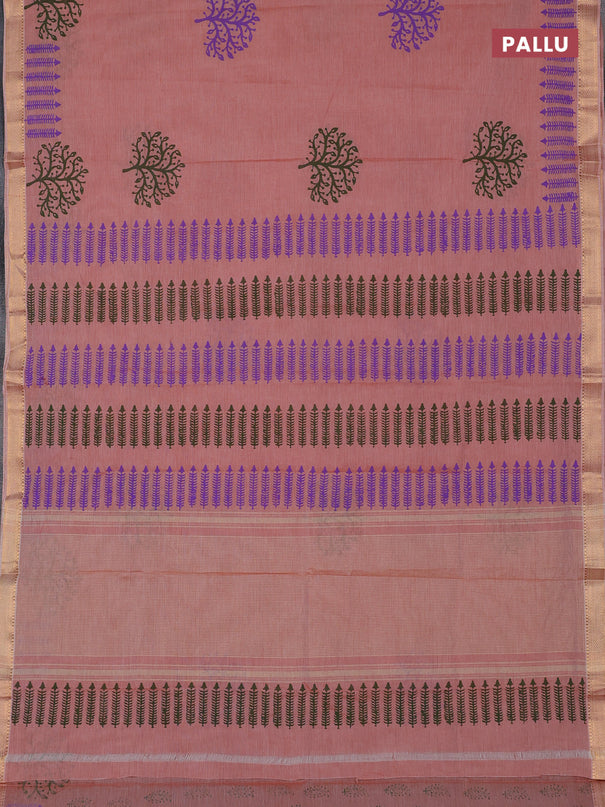 Mangalagiri cotton block printed saree rust shade with tree butta prints and mangalgiri border