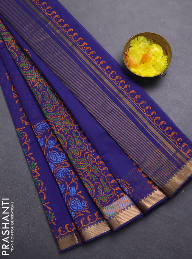 Mangalagiri cotton block printed saree violet shade with allover prints and mangalgiri border